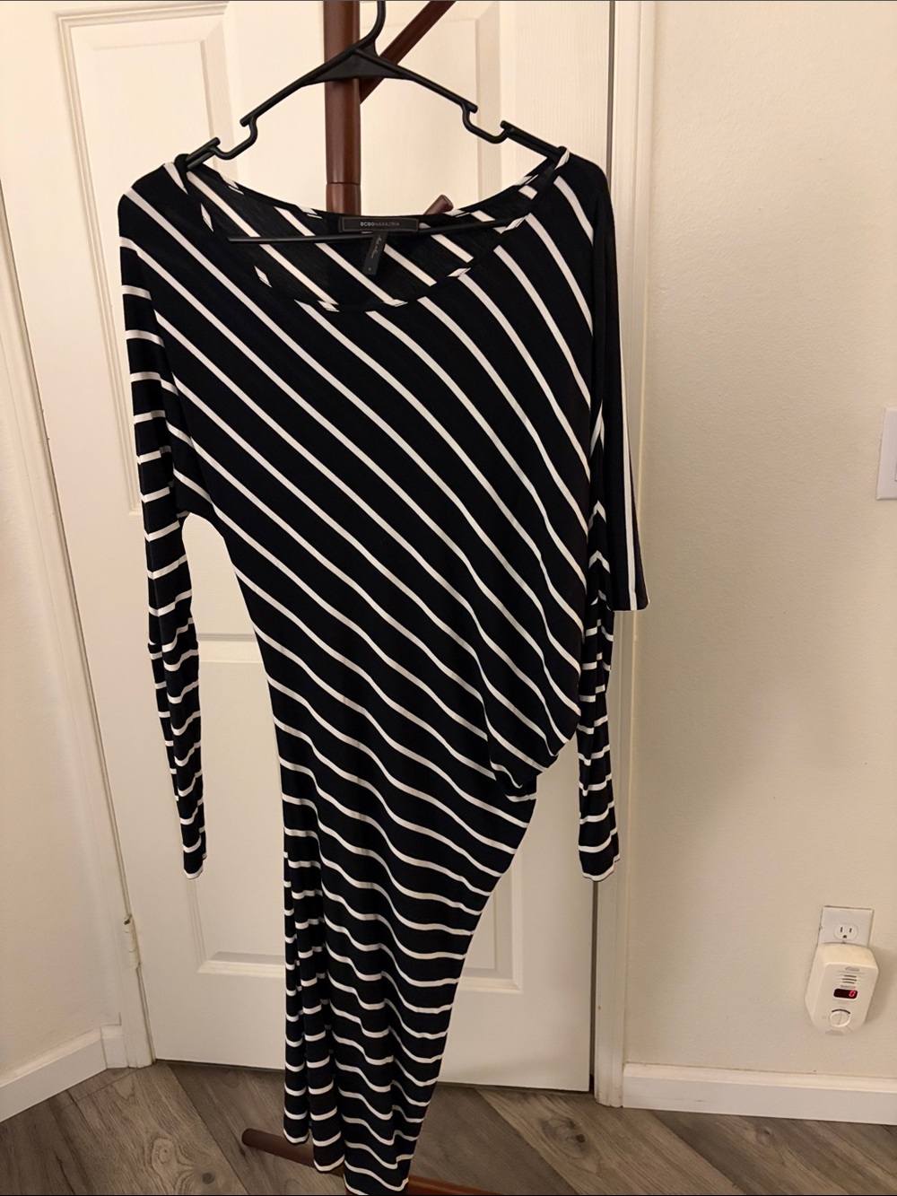 BCBGMaxAzria Black and White Diagonal Stripe Long Sleeve Dress